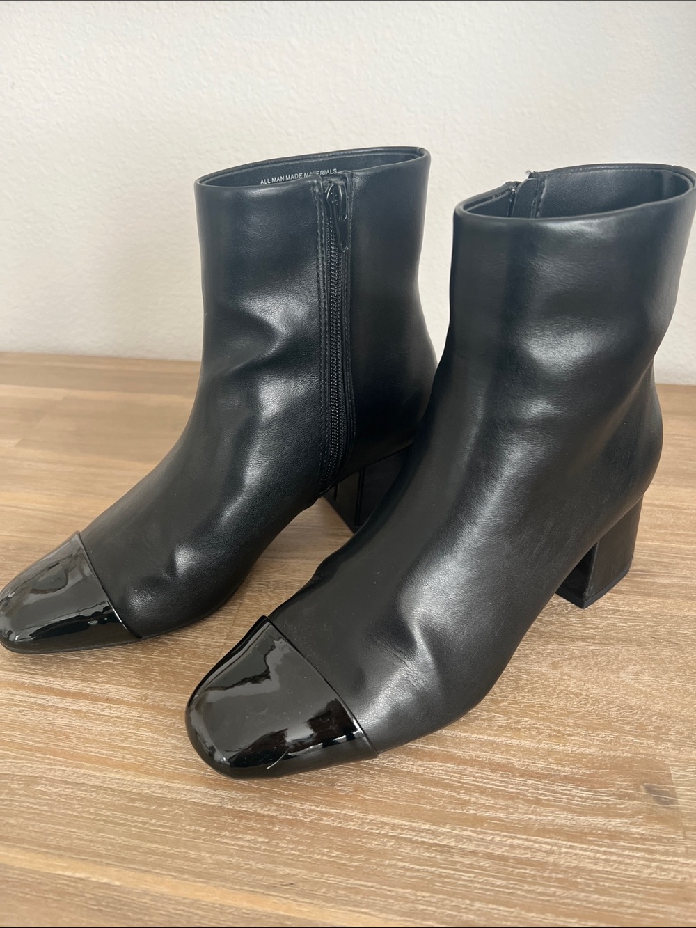 Women's Black Ankle Vegan Leather Booties with Patent Cap Toe